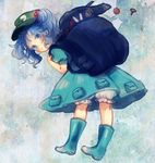  backpack bag bent_over bloomers blue_eyes blue_footwear blue_hair boots from_behind hair_bobbles hair_ornament hat kawashiro_nitori looking_at_viewer looking_back puffy_sleeves rubber_boots screw shirt short_sleeves skirt skirt_set solo touhou twintails two_side_up underwear yujup 