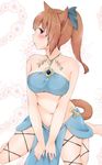  animal_ears bad_id bad_pixiv_id bandeau bare_shoulders barefoot blush bow brown_eyes brown_hair cat_ears cat_tail final_fantasy final_fantasy_xiv hair_bow highres long_hair looking_to_the_side miqo'te navel ponytail rima_(rimarip) sitting solo tail v_arms wariza 