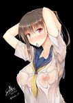  adjusting_hair arms_behind_head arms_up black_background black_hair breasts covered_nipples jpeg_artifacts large_breasts long_hair mouth_hold nipples no_bra red_eyes school_uniform see-through serafuku shake_(ferit3) short_sleeves simple_background solo tying_hair upper_body wet wet_clothes 