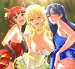  amami_haruka aqua_eyes areola_slip areolae bangs black_gloves blonde_hair blue_hair blunt_bangs breasts brown_eyes cleavage covered_nipples dress earrings fingerless_gloves flashing gloves green_eyes groin hair_ornament hoshii_miki huge_breasts idolmaster idolmaster_(classic) jewelry kisaragi_chihaya long_hair looking_at_viewer medium_breasts multiple_girls nekoi_mie no_panties one_eye_closed open_mouth red_hair sideboob small_breasts sweat teeth white_gloves 