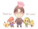  3boys :&gt; :3 blonde_hair blush chibi commentary doubutsu_no_mori facial_hair gen_1_pokemon glasses gloves hat holding_hands iwata_satoru kirby kirby_(series) link looking_at_viewer mario mario_(series) multiple_boys mustache namie-kun nintendo overalls pikachu pointy_ears pokemon pokemon_(creature) pokemon_(game) shizue_(doubutsu_no_mori) simple_background sketch smile super_mario_bros. the_legend_of_zelda white_background 