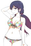  bikini breasts cleavage cowboy_shot deyuuku front-tie_bikini front-tie_top hair_tie halterneck hand_on_own_head large_breasts long_hair love_live! love_live!_school_idol_project low_twintails midriff navel purple_hair simple_background solo swimsuit toujou_nozomi twintails white_background 
