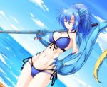  beach blue_eyes blue_hair bracelet commentary_request day dragon_girl dragon_tail g_(desukingu) groin hand_on_hip jewelry long_hair looking_at_viewer navel ocean original ponytail scar solo stitches swimsuit tail 