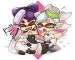  2girls :d :o animal aori_(splatoon) artist_name bare_shoulders brush brushing cat detached_collar domino_mask dress earrings eyebrows eyebrows_visible_through_hair fangs food food_on_head gloves hair_rings hand_on_another's_head holding holding_brush hotaru_(splatoon) jajji-kun_(splatoon) jewelry long_hair lying mask multiple_girls no_nose object_on_head on_stomach open_mouth orange_eyes outline pointy_ears purple_hair reaching_out short_eyebrows short_hair silver_hair smile splatoon_(series) splatoon_1 strapless strapless_dress sushi symbol-shaped_pupils tentacle_hair thick_eyebrows v-shaped_eyebrows white_gloves 