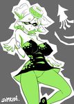  :o artist_name bare_shoulders breasts chestnut_mouth cleavage covered_nipples detached_collar domino_mask dress gloves green_legwear hair_rings hotaru_(splatoon) joy_ride large_breasts leg_up mask object_on_head outline pantyhose pointy_ears sagging_breasts short_hair solo splatoon_(series) splatoon_1 squid strapless strapless_dress tentacle_hair 