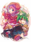  1girl :d animal_ears apple beamed_eighth_notes big_bad_wolf big_bad_wolf_(cosplay) big_bad_wolf_(grimm) blue_eyes chain collar cosplay eighth_note fang food fruit green_hair hiiragi_yuzu hood jacket_on_shoulders kemonomimi_mode little_red_riding_hood little_red_riding_hood_(grimm) little_red_riding_hood_(grimm)_(cosplay) multicolored_hair musical_note open_mouth paws pink_hair quarter_note red_eyes red_hair rento_(rukeai) sakaki_yuuya smile staff_(music) two-tone_hair wolf_ears yuu-gi-ou yuu-gi-ou_arc-v 