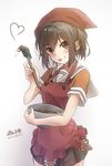  :p apron bandana bangs blush brown_eyes brown_hair chocolate cowboy_shot heart kantai_collection looking_at_viewer mixing_bowl morigami_(morigami_no_yashiro) school_uniform sendai_(kantai_collection) serafuku short_hair short_sleeves solo spatula tongue tongue_out twitter_username 