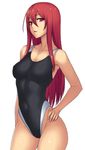  breasts collarbone competition_swimsuit covered_navel cowboy_shot hair_between_eyes hand_on_hip highres katagiri_(a1466502) long_hair looking_at_viewer medium_breasts one-piece_swimsuit original red_eyes red_hair simple_background solo swimsuit very_long_hair white_background 