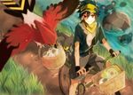  banette basket bicycle bird black_hair blurry character_request depth_of_field duosion egg gen_2_pokemon gen_3_pokemon gen_5_pokemon gen_6_pokemon grass ground_vehicle hat lake marill milkuriem neckerchief original pokemon pokemon_(creature) red_eyes rock talonflame wristband 