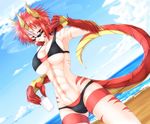  abs armpits beach cigarette commentary_request day dein_(g) dragon_girl dragon_tail g_(desukingu) groin highres horns looking_at_viewer ocean original red_eyes red_hair scar short_hair smoking solo swimsuit tail 
