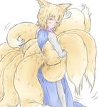  animal_ears back blonde_hair blush fox_ears fox_tail from_behind frown holding_own_tail looking_at_viewer looking_back multiple_tails no_hat no_headwear raised_eyebrows red_eyes short_hair simple_background solo ta_gero tabard tail touhou white_background yakumo_ran 