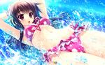  arms_behind_head arms_up bikini brown_hair frilled_bikini frills front-tie_bikini front-tie_top game_cg highres kugayama_konoka long_hair navel open_mouth prism_recollection! red_eyes shintarou solo splashing swimsuit water 