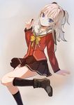  black_legwear blue_eyes boots charlotte_(anime) earbuds earphones long_hair long_sleeves looking_at_viewer nuda school_uniform serafuku silver_hair single_earphone_removed skirt smile solo tomori_nao two_side_up 