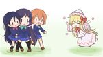  4girls :d :o ^_^ black_hair black_legwear blazer blonde_hair blue_hair bow bowtie capelet chibi closed_eyes covering_mouth crossover flower flying hair_bow hat hoshizora_rin jacket jiwieru kneehighs lily_white lily_white_(love_live!) long_hair looking_at_another love_live! love_live!_school_idol_project multiple_girls namesake open_mouth orange_hair otonokizaka_school_uniform outstretched_arms pink_scrunchie school_uniform scrunchie short_hair side_ponytail sidelocks skirt skirt_set smile sonoda_umi spread_arms standing standing_on_one_leg sweat thighhighs touhou toujou_nozomi |_| 