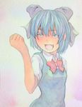  :d acrylic_paint_(medium) blue_dress blue_eyes blue_hair bow cirno clenched_hand cowboy_shot dress gradient gradient_background graphite_(medium) hair_bow hand_up highres looking_at_viewer open_mouth ribbon short_hair simple_background smile solo touhou traditional_media watercolor_(medium) yuyu_(00365676) 