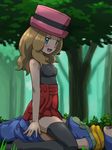  awa blonde_hair blue_eyes blush clothing cowgirl_position duo female forest hair happy hat human legwear looking_at_viewer low_res male male/female mammal nintendo on_top pok&eacute;mon serena sex skirt smile stockings tree video_games 