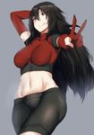  :q bike_shorts black_hair blue_eyes breasts elbow_gloves gloves grey_background groin hews_hack large_breasts long_hair looking_at_viewer midriff navel solo tongue tongue_out 