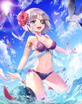  :d bikini blue_eyes blurry blush breasts cleavage cloud day depth_of_field eyepatch feathers fisheye flower hair_flower hair_ornament hair_ribbon hibiscus highres iri_flina lens_flare medium_breasts navel open_mouth outstretched_arms outstretched_hand purple_bikini ribbon see-through shiny shiny_skin shoonia short_hair side-tie_bikini silver_hair sky smile solo sparkle sun sunlight swimsuit sword_girls wading 