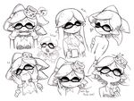  ;) alternate_hairstyle aori_(splatoon) bad_id bad_pixiv_id breasts cheek_squash cleavage detached_collar domino_mask doughnut earrings english food hair_down hands_on_another's_cheeks hands_on_another's_face headwear_removed heart hotaru_(splatoon) jewelry long_hair looking_back mask medium_breasts middle_finger mole mole_under_eye monochrome object_on_head one_eye_closed pointy_ears profanity reverse_translation short_hair simple_background smile splatoon_(series) splatoon_1 symbol-shaped_pupils tongue tongue_out upper_body white_background yuta_agc 