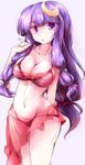  bikini blush bow breasts crescent crescent_hair_ornament fumitsuki_(minaduki_6) hair_bow hair_ornament large_breasts long_hair looking_at_viewer midriff navel no_hat no_headwear open_mouth panties patchouli_knowledge purple_eyes purple_hair sarong see-through simple_background solo swimsuit touhou underwear 