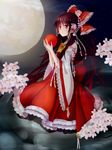  ascot bad_id bad_pixiv_id ball bell bow brown_hair cherry_blossoms detached_sleeves dress embellished_costume flower full_body full_moon hair_bow hair_flower hair_ornament hair_tubes hakurei_reimu highres holding jingle_bell lace lace-trimmed_dress long_hair moon night night_sky outdoors seven_zhu_bing_yi sitting sky solo touhou 