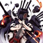  anchorage_water_oni bare_shoulders black_hair breasts burnt_clothes cannon dress electric_guitar enemy_aircraft_(kantai_collection) guitar horns instrument kantai_collection long_hair medium_breasts overskirt pale_skin pectong red_eyes schecter_guitar_research shinkaisei-kan solo turret very_long_hair white_dress white_skin 