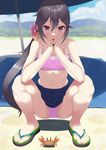  akebono_(kantai_collection) beach beach_umbrella bell bikini blue_sky blush chestnut_mouth cloud collarbone commentary_request crab day feet flip-flops flower hair_bell hair_flower hair_ornament highres hill jingle_bell kantai_collection long_hair looking_at_viewer miniskirt navel open_mouth outdoors pink_bikini pleated_skirt purple_eyes purple_hair sai_(saikun) sandals skirt sky solo squatting swimsuit toes towel umbrella upskirt very_long_hair 