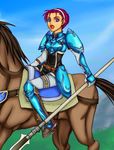  armor dark_skin fiona_(fire_emblem) fire_emblem fire_emblem:_akatsuki_no_megami gauntlets gloves horse lance open_mouth pink_hair polearm purple_eyes purutoppu_(toranohige) solo weapon 