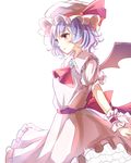  ascot bat_wings blue_hair dress hat highres kashiwagi_chisame red_eyes remilia_scarlet short_hair simple_background solo touhou white_background wings wrist_cuffs 