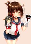  absurdres admiral_(kantai_collection) black_hair blush brown_eyes brown_hair character_doll collar hair_ornament hairclip hand_puppet haruna_(kantai_collection) hat highres inazuma_(kantai_collection) kantai_collection long_hair nanodesu_(phrase) open_mouth puppet simple_background smile translated tsukui_kachou 