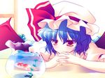  blue_hair fish hands_clasped hat highres motomiya_mitsuki non-web_source own_hands_together remilia_scarlet short_hair smile solo touhou wallpaper wings 