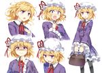  :d :o bag blonde_hair blush breasts brooch crying crying_with_eyes_open dress e.o. expressions hat jewelry looking_at_viewer maribel_hearn mob_cap nervous no_hat no_headwear open_mouth pantyhose purple_eyes shaded_face short_hair small_breasts smile surprised tears teeth touhou turn_pale 