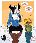  alejandra_coldthorn anthro big_breasts black_hair blonde_hair blush bovine breasts cattle chalo clothed clothing duo female fur grey_fur hair huge_breasts las_lindas mammal mouse purple_eyes rodent smile tootsie white_fur white_hair 