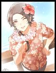  black_border border brown_hair commentary_request earrings flower from_above hair_flower hair_ornament hawaiian_shirt jewelry kashuu_kiyomitsu lei long_hair looking_at_viewer male_focus mizuhara_aki one_eye_closed open_mouth ponytail red_eyes shirt solo touken_ranbu 