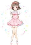  alternate_costume animal_ears ankle_socks brown_hair bunny_ears dress frilled_skirt frills full_body hair_ribbon hand_up inaba_tewi knees_together_feet_apart layered_dress looking_at_viewer mary_janes petals pink_dress puffy_short_sleeves puffy_sleeves red_eyes ribbon shoes short_hair short_sleeves shou_moeboshi skirt skirt_hold smile solo standing touhou white_background wrist_cuffs 