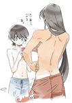  :o blue_eyes commentary_request crab from_behind horikawa_kunihiro izumi-no-kami_kanesada long_hair male_focus mizuhara_aki multiple_boys navel shirtless touken_ranbu translation_request white_background 