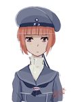  2015 4suke :o blank_stare brown_eyes clothes_writing dated hat kantai_collection long_sleeves looking_at_viewer neckerchief red_hair sailor_collar sailor_hat short_hair simple_background solo twitter_username upper_body white_background z3_max_schultz_(kantai_collection) 