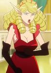  1girl blonde_hair breasts curly_hair defensive dress elbow_gloves female gloves lipstick long_ears long_gloves makeup open_mouth purple_eyes red_dress sofia_(space_dandy) solo space_dandy standing tiara 