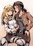  blonde_hair brown_hair christa_renz emblem gebyy-terar green_eyes long_hair multiple_girls paradis_military_uniform protecting shingeki_no_kyojin short_hair sketch thigh_strap white_legwear ymir_(shingeki_no_kyojin) yuri 