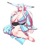  1girl animal_ears areola_slip areolae bad_anatomy barefoot blue_hair blush borrowed_character breasts erect_nipples fat female gigantic_breasts highres huge_breasts japanese_clothes kaminari kimono long_hair long_skirt looking_at_viewer milf no_bra open_clothes red_eyes sagging_breasts simple_background sitting skirt smile solo toes white_background 