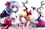  adapted_costume alternate_costume back_cutout bat_wings blonde_hair bow crystal flandre_scarlet flower gambol_edelin hair_bow hair_flower hair_ornament hair_ribbon laevatein lavender_hair long_hair looking_at_viewer looking_back lying multiple_girls no_hat no_headwear on_stomach pointy_ears puffy_sleeves red_eyes remilia_scarlet ribbon shirt short_hair short_sleeves siblings side_ponytail sisters sitting skirt skirt_set sleeveless smile text_focus touhou white_background wings wrist_cuffs 