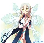  bare_shoulders blue_hair bracelet breasts cleavage cleavage_cutout detached_sleeves dress gradient gradient_background green_eyes jewelry long_hair multicolored_hair muzet_(tales) open_mouth pointy_ears solo tales_of_(series) tales_of_xillia tales_of_xillia_2 wings 