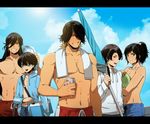  beach_umbrella black_hair blonde_hair blue_eyes blue_sky closed_umbrella cloud commentary_request day earrings grin high_ponytail horikawa_kunihiro izumi-no-kami_kanesada jewelry kashuu_kiyomitsu letterboxed long_hair male_focus mizuhara_aki multicolored_hair multiple_boys nagasone_kotetsu navel open_mouth outdoors ponytail red_eyes shirtless sky smile touken_ranbu two-tone_hair umbrella yamato-no-kami_yasusada 