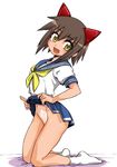  animal_ears brown_hair cat_ears ez6 fake_animal_ears fang flashing head_tilt kneeling kusakabe_misao looking_at_viewer lucky_star navel no_panties no_shoes open_mouth ryouou_school_uniform school_uniform serafuku short_hair short_sleeves simple_background skirt skirt_lift smile socks solo white_background yellow_eyes yellow_neckwear 