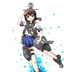  ame. brown_eyes brown_hair cannon commentary_request fubuki_(kantai_collection) kantai_collection long_hair ponytail salute school_uniform serafuku turret 