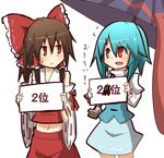  bow brown_hair detached_sleeves eye_contact flying_sweatdrops hair_bow hair_tubes hakurei_reimu heterochromia holding holding_sign juliet_sleeves karakasa_obake kumo_(atm) long_sleeves looking_at_another midriff multiple_girls navel open_mouth puffy_sleeves red_eyes ribbon-trimmed_sleeves ribbon_trim shirt sign skirt skirt_set smile tatara_kogasa touhou translated umbrella wide_sleeves 