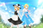  alice_margatroid apron ascot blonde_hair blue_dress blue_eyes blue_sky blush boots bow braid capelet cloud colored_eyelashes couple cross-laced_footwear day dress eyebrows eyebrows_visible_through_hair grass hair_bow hairband hat hat_bow heart highres holding_hands kirisame_marisa lace-up_boots long_hair multiple_girls open_mouth outdoors sash short_hair shuiwuyue_lian side_braid single_braid sky smile star touhou waist_apron witch_hat yellow_eyes yuri 