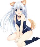  animal_ears blue_eyes collar date_a_live dog_ears dog_girl dog_tail extraction highres long_hair old_school_swimsuit one-piece_swimsuit school_swimsuit sitting socks spoilers swimsuit tail tears tobiichi_origami transparent_background tsunako wariza white_hair 