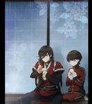  blue_eyes commentary_request horikawa_kunihiro izumi-no-kami_kanesada jacket japanese_clothes long_hair male_focus mizuhara_aki multiple_boys pants pillarboxed seiza sitting teruterubouzu touken_ranbu track_jacket track_pants track_suit very_long_hair 