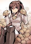  between_breasts boots breasts brown_eyes brown_hair eating food gebyy-terar knee_boots medium_breasts potato sasha_braus shingeki_no_kyojin short_hair too_many 